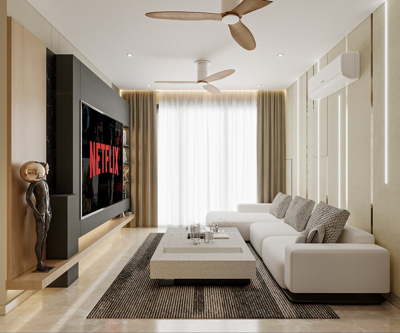 Light-filled living room with neutral furnishings and full-height windows