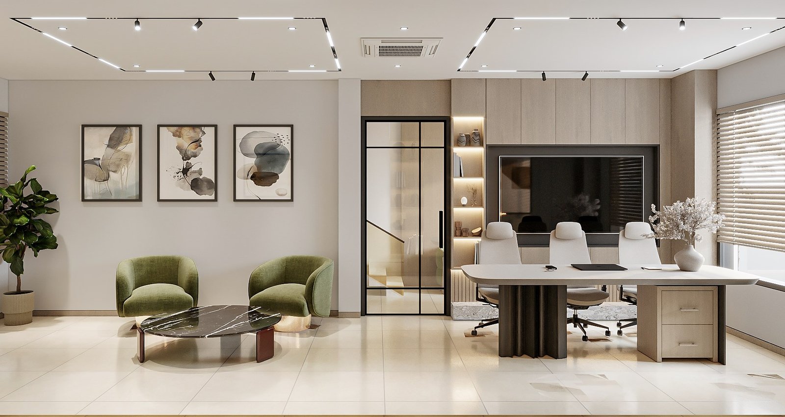 Living room with expansive windows and contemporary furniture