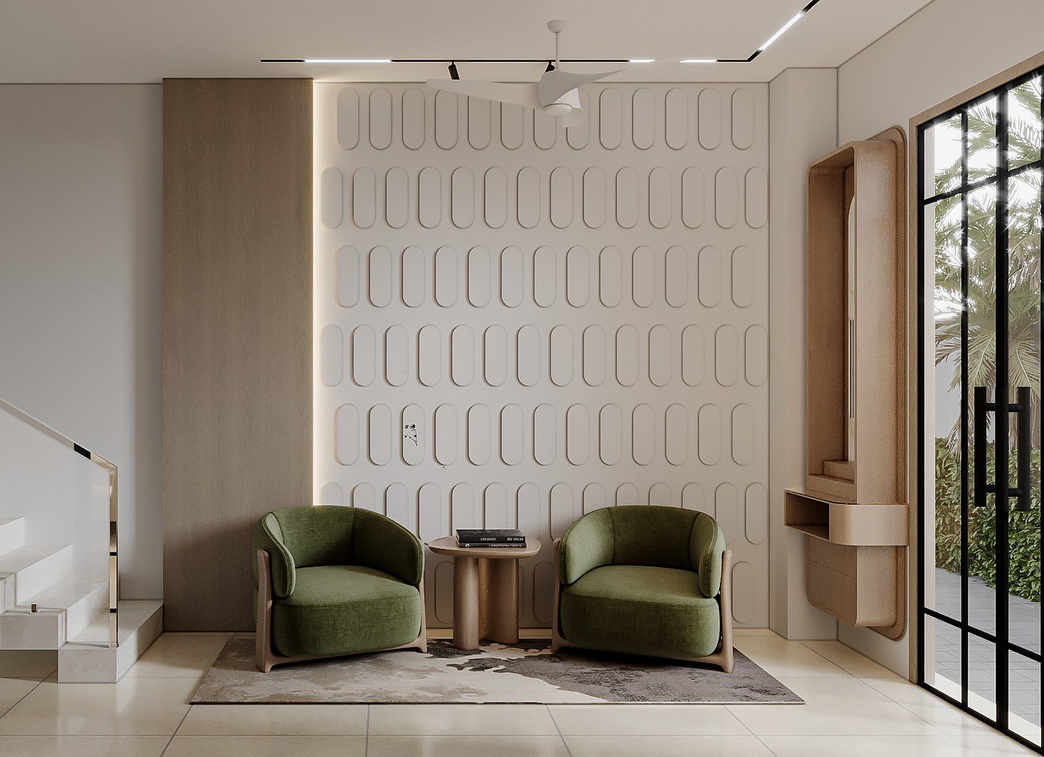 Living space combining soft furnishings and indoor greenery
